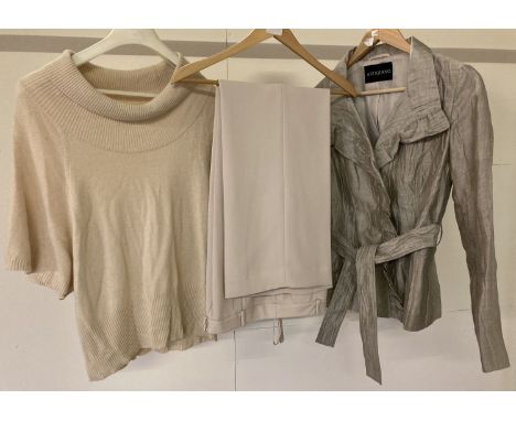 3 items of ladies clothing by Artigiano all size 12. A coated fawn coloured linen belted jacket with frill detail to front, a
