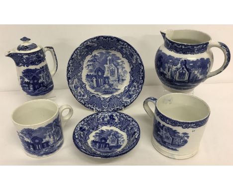 A collection of vintage George Jones "Abbey 1790" blue and white ceramic table ware.  Comprising: a serving bowl with 2 fruit