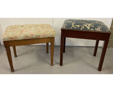 A wooden piano stool with green floral upholstery.  Together with a button top pine stool with floral upholstery. 
