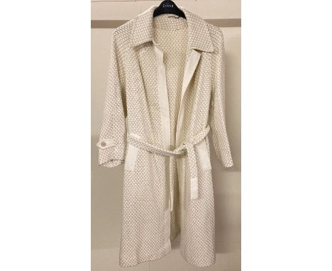 A vintage ladies summer weight open style belted long wool mix coat by Allander.  In cream and beige weave design. Front pock