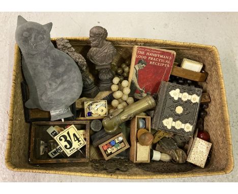 A box of mixed items. To include a vintage rubber hot water bottle in the shape of a cat.  Vintage plastic shop price labels,