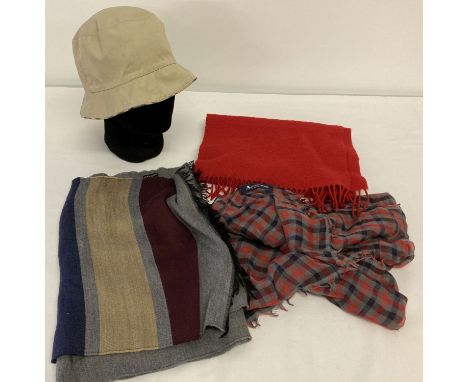 A Burberry bucket style hat with classic trim in size medium.  Together with a grey, maroon and blue wool mix scarf by Jaeger