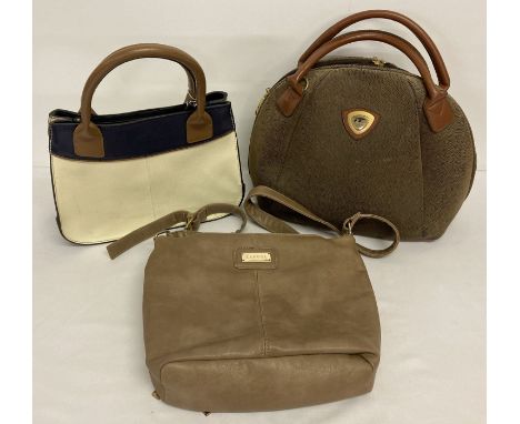 3 ladies handbags in varying sizes and styles by Osprey, Kangol and International Traveller. Opsrey grab bag in brown, cream 