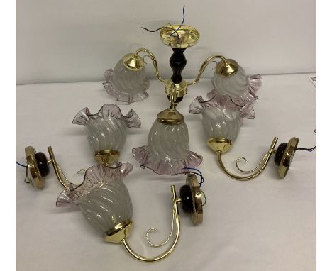 A wooden and brass effect 3 arm ceiling light with 3 matching wall lights. All with frosted and pink  glass fluted shades. 
