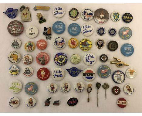 A collection of vintage pin badges to include WorldCup Willie, food advertising, children's clubs  and humorous. 