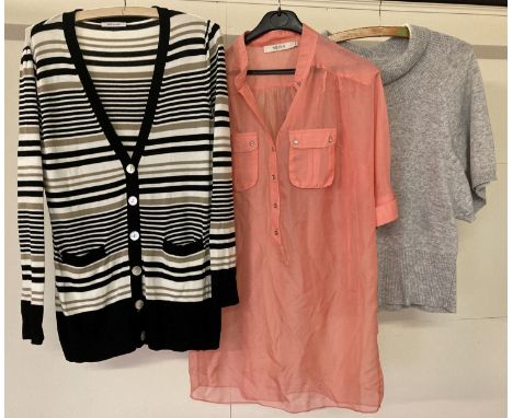 A striped cardigan and grey short sleeve ladies jumper by Artigiano both size 12.  Together with a coral mandarin collar silk