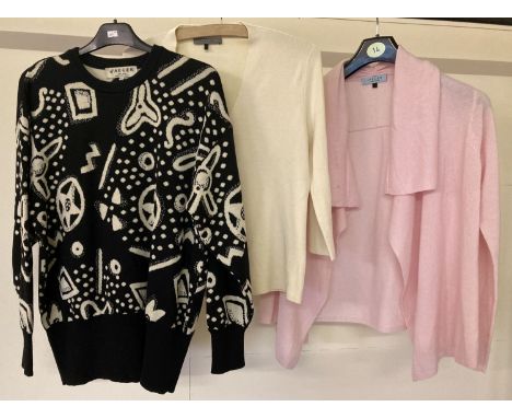 2 ladies jumpers and a open front cardigan by Jaeger.  A black and white abstract pattern 100% wool jumper size M together wi