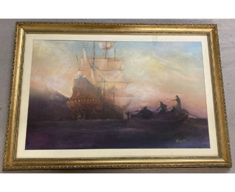 A gilt framed and glazed acrylic on board "Morning Tide" by M R Gleeson.  Depicting crew rowing out to a galleon at sea.  Fra