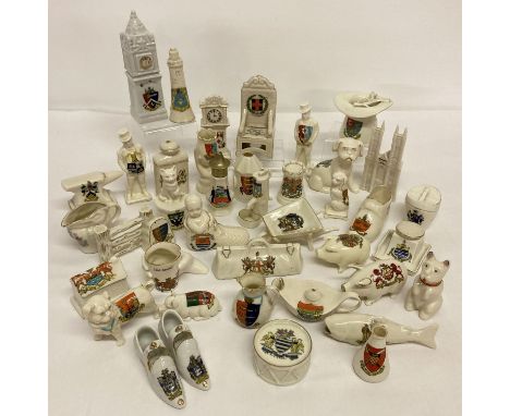 A quantity of assorted vintage novelty shaped crested china.  To include: Arcadian, Coronet, Gemma and Grafton. 