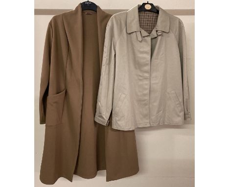 A vintage ladies beige Dannimac jacket approx. 46 inch chest.  Together with a long tan coloured modern design open style coa