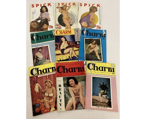 9 assorted vintage pocket sized adult erotic magazines.   6 issues of Charm together with 3 issues of Spick. 