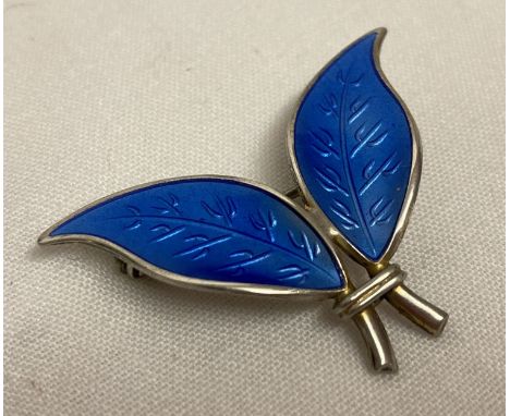 A vintage David Andersen silver and blue guilloche enamel double leaf brooch.  Reverse of brooch marked D-A 925S Sterling Nor