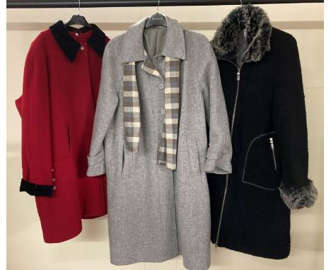 2 ladies 3/4 length coats together with a ladies full length coat.  A red swing style wool coat with black velvet collar and 