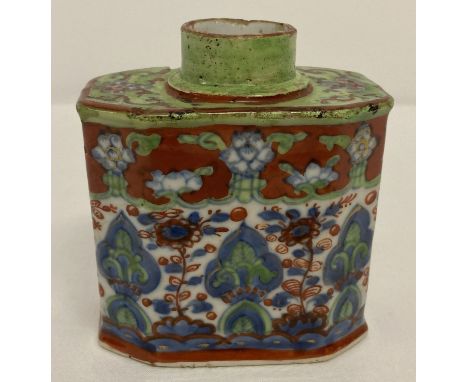 An antique ceramic Chinese export hand painted tea caddy, in green, blue and brown tones.  Lid missing.  Approx. 10.5cm tall.