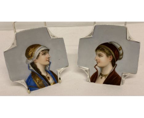 2 ceramic pin dishes depicting ladies in period dress, both with hand painted detail.   Each dish approx. 12.5 x 12.5 cm.