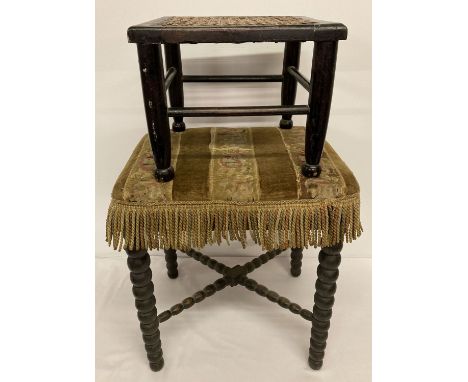 2 vintage dark wood stools. A tapestry upholstered stool with bobbin legs and supports.  Together with a cane topped stool wi
