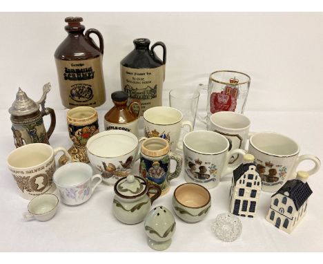 A box of assorted vintage ceramics and glass to include 2 Bols KLM Blue Delft miniatures.  Lot also includes Babbacombe potte