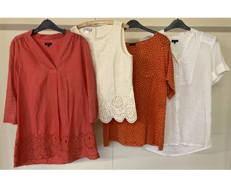 4 ladies blouses and tops by Jaeger all size 12.  A coral tunic with cut out detail to hem, a white short sleeve with pleated