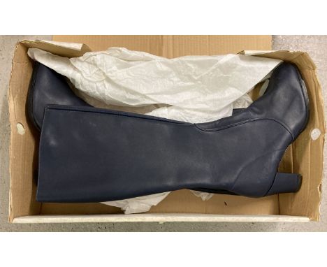 A boxed pair of vintage Church's navy blue leather high leg zip boots in "Alpine" design.  In as new condition. Size 85c.