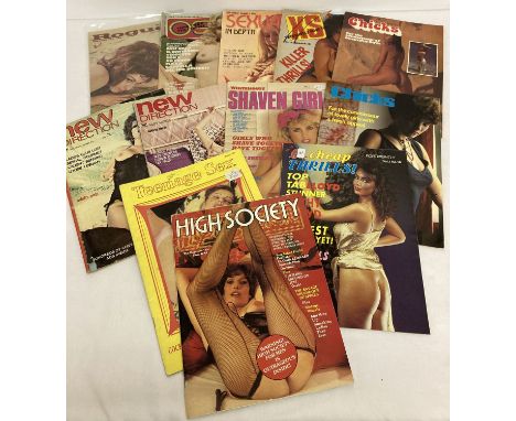 12 assorted vintage adult erotic magazines.  To include: High Society, Chicks, New Direction and Rogue. 