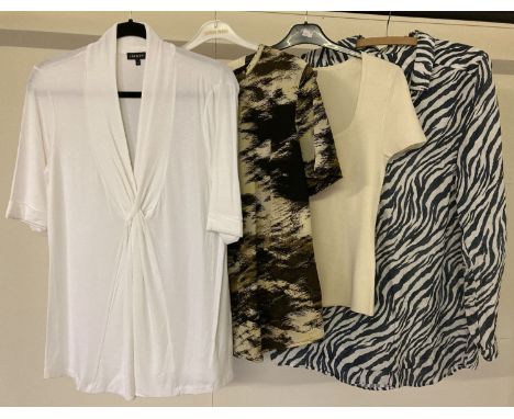 4 ladies tops by Jaeger all size medium or 12.  An animal print cotton tunic in blue and white, a cream fitted short sleeve r