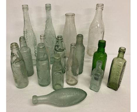 A quantity of assorted vintage glass advertising, milk, torpedo &amp; codd bottles, mostly from Norfolk.  To include: Caley's
