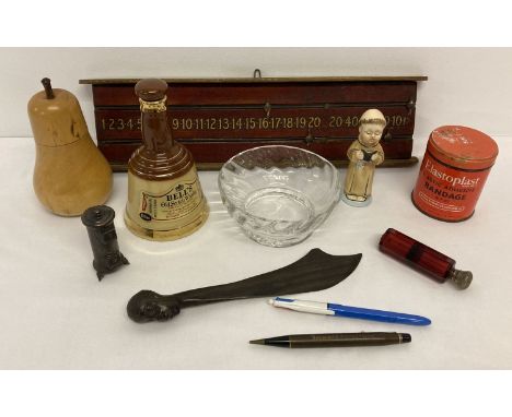 A small collection of mixed items to include a snooker score board. Together with an empty Wade Bell's whiskey decanter and a