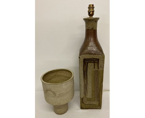 2 large pieces of Studio pottery ceramics. A large square shaped lamp base. Together with a stemmed circular shaped planter. 