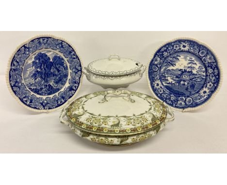 A pair of 1920's blue &amp; white Christmas plates together with 2 early 20th century ceramic tureens.  Plates marked and dat