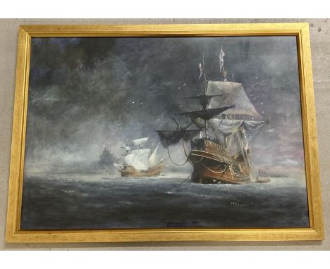 A gilt framed and glazed acrylic on board " Mary Rose" by M R Gleeson.  Depicting the ship at sea.  Frame size approx. 55.5 x