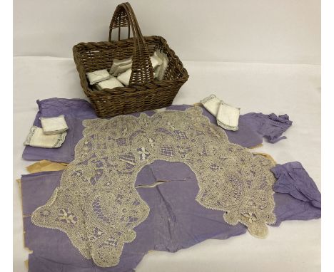A small vintage wicker basket containing a quantity of Chadwicks Mending Cotton.  Together with a hand made vintage lace coll