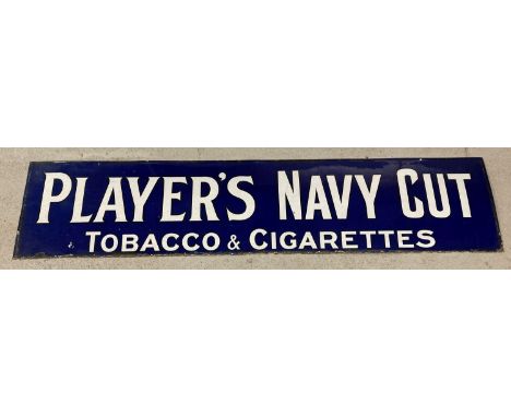 A large vintage enamel Player's cigarettes wall sign, white lettering with blue background.  Slight rust damage to edges but 