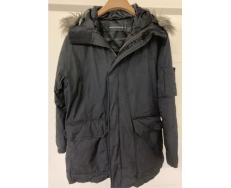 A men's black padded winter jacket by French Connection size XL.  Complete with faux fur trimmed detachable hood, large front