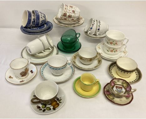 A box of assorted vintage ceramic cups &amp; saucers and trio's.  To include: Noritake, Wedgwood, Tuscan China, Old Willow an