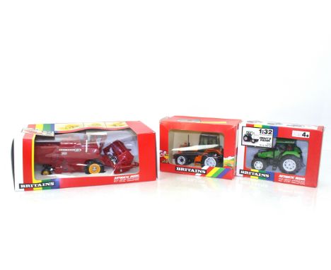 Britains Massey Ferguson 760 combine No.9570; a Britains Deutz DX 4.57 tractor No.9496; and Britains Renault Turbo 145-14