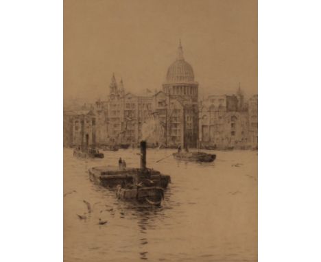Rowland Langmaid, "St. Paul's From The Thames", pencil signed etching, 29cm x 22cm 