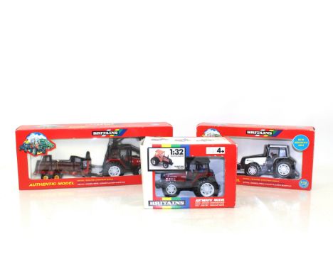 A Britains Valmet logging tractor and trailer, No.9627; a Britains Valmet tractor and snow plough, No.9638 and a Britains Val