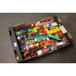 A collection of mostly die-cast Matchbox and other play worn vehicles, mostly haulage related,