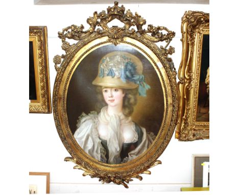 Jean-Baptiste Greuze 1725-1805, oval portrait study of Society beauty with lace trimmed blue velvet dress and ribbons in her 