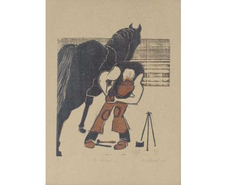 Pinns Forrest, "The Farrier I", pencil signed etching dated 1991, 4/6, plate 39cm x 29cm&nbsp;