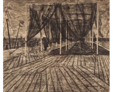 T.W. "Bill" Ward, "Fisherman and Nets" pencil signed etching dated 1958, plate 32cm x 36cm&nbsp;