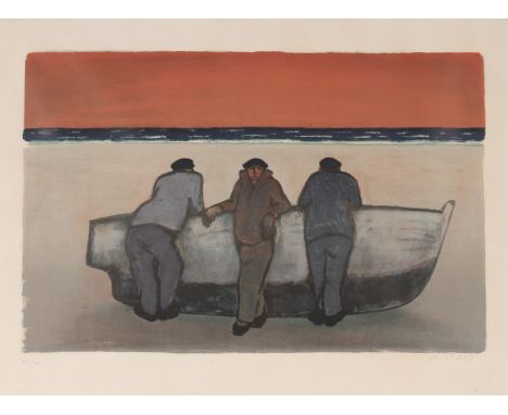 Hans Potthof 1911-2003, "Fishermen By A Boat" pencil signed lithograph with blind stamp to margin, 47/150, 43.5cm x 65cm&nbsp