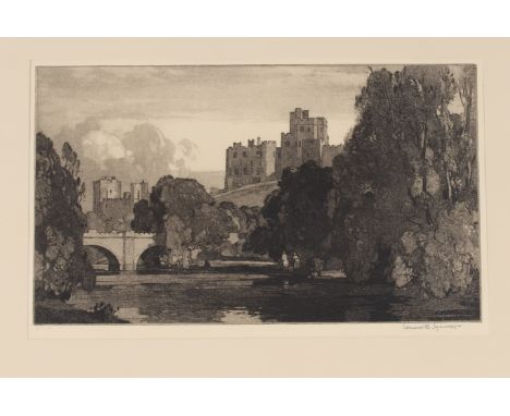Leonard Russell Squirrell 1893-1979, pencil signed etching of a castle by a river, possibly Alnwick, plate 21.5cm x 35cm 