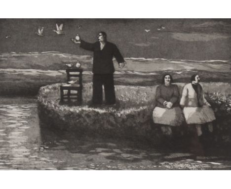 Karólína Lárusdóttir, pencil signed limited edition etching, "Man With The Birds" 10/75