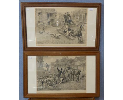 A pair of signed Albert Strutt hunting scene prints and a Russian hand painted plaque, bearing signature