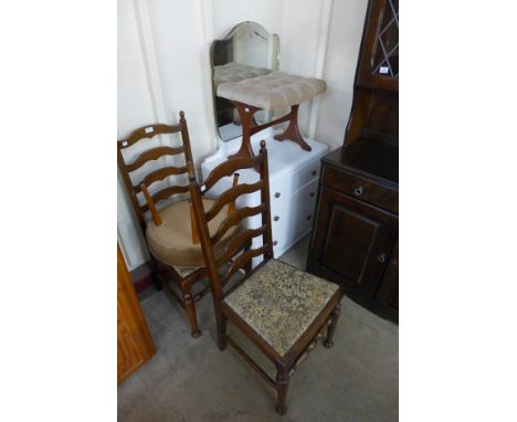 A painted Lebus chest of drawers, a pair of ladderback chairs, a G-Plan teak stool and another stool