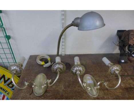 An Art Deco anglepoise desk lamp and a pair of gilt metal two branch wall lights