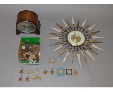 Mixed lot including assorted coinage, 5 WWII medals, a mantle clock and a 1960s wall clock (original movement replaced by Qua