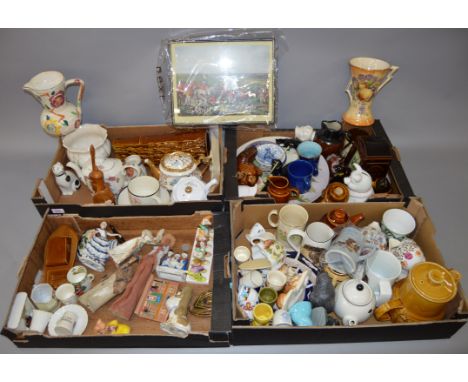 4 Trays of assorted ceramics, mostly Arthur Wood examples together with a Hunting print and carved figures. 