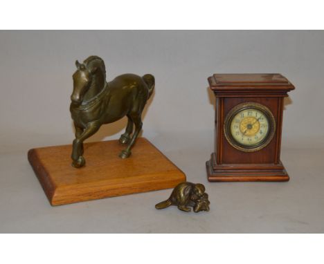 British United Clock Co. mantle clock; brass mounted horse ornament and a small brass beaver model (3)